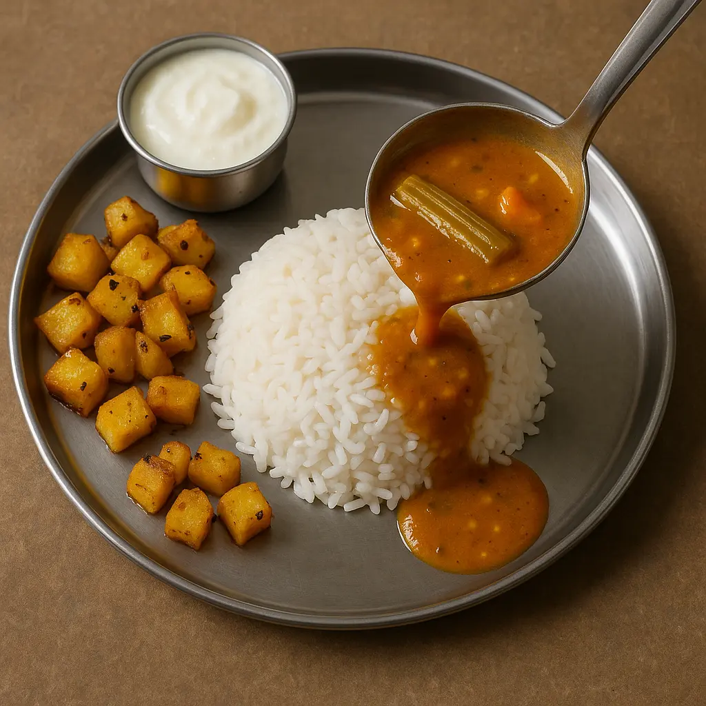 White rice · drumstick sambar · potato fry · curd